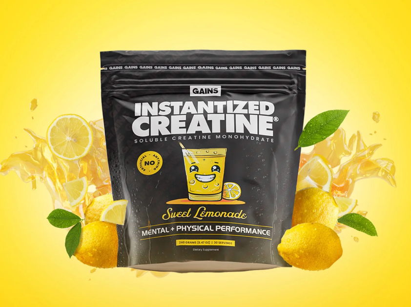 Creatine Bag with Lemons around it on a yellow. background